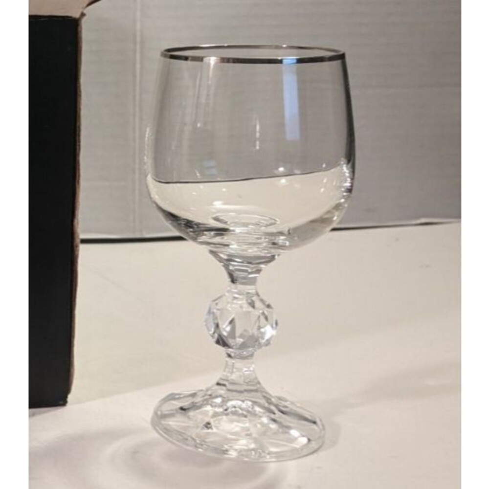 Bohemia Crystal Wine Glasses W/Platinum Band & Faceted Stem / Set of 6 / 8 oz